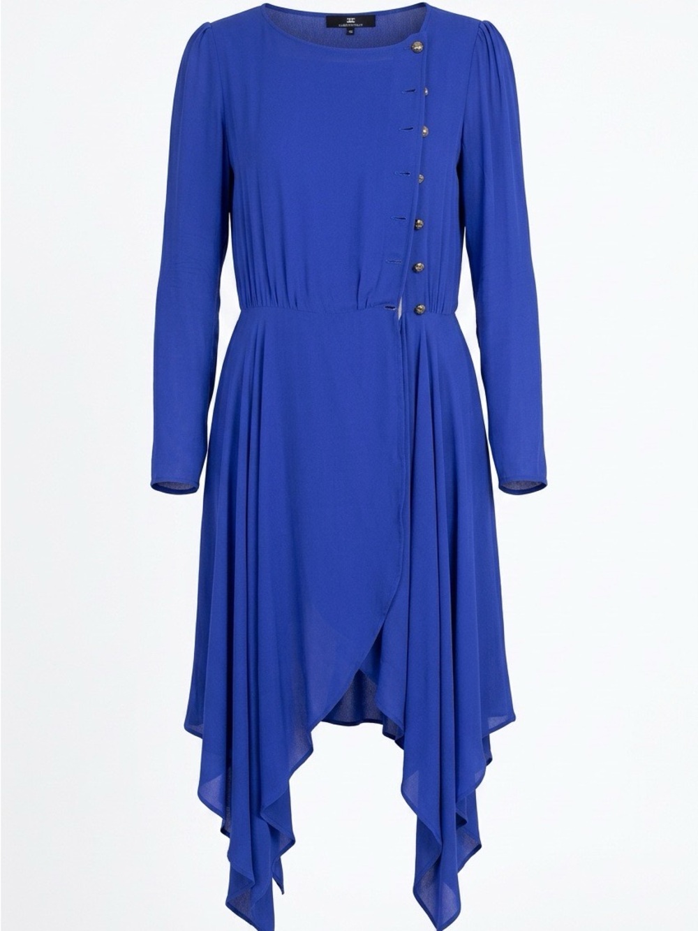 Elisabetta Franchi Blue Solid A-Line Midi Dress Long Sleeve Asymmetric IT 46